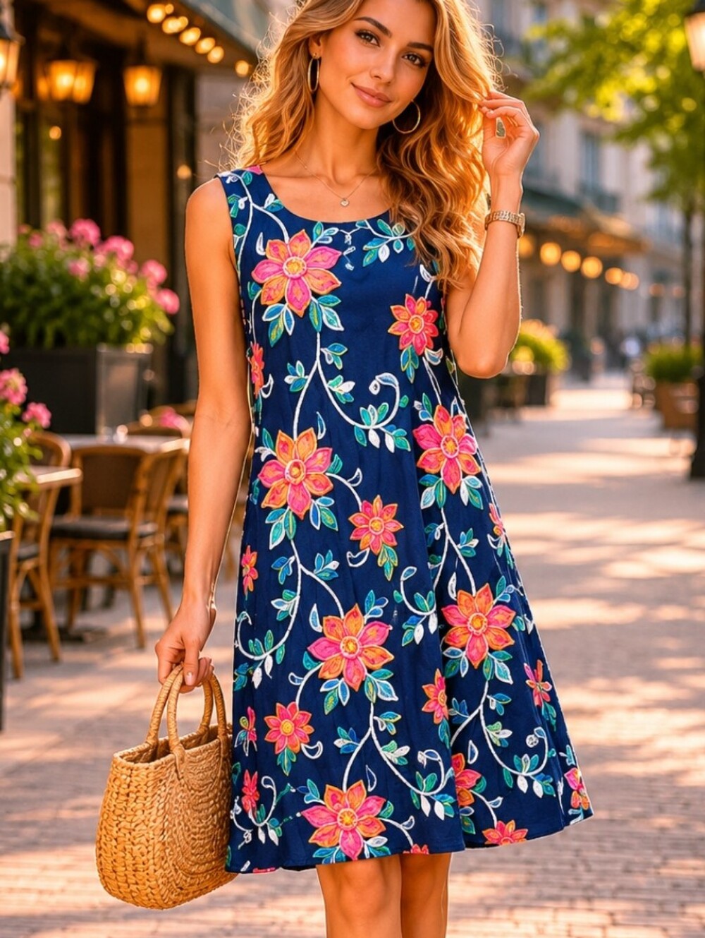 ROBBIE BEE Navy Floral Embroidered Midi Dress Cottagecore Boho PXL